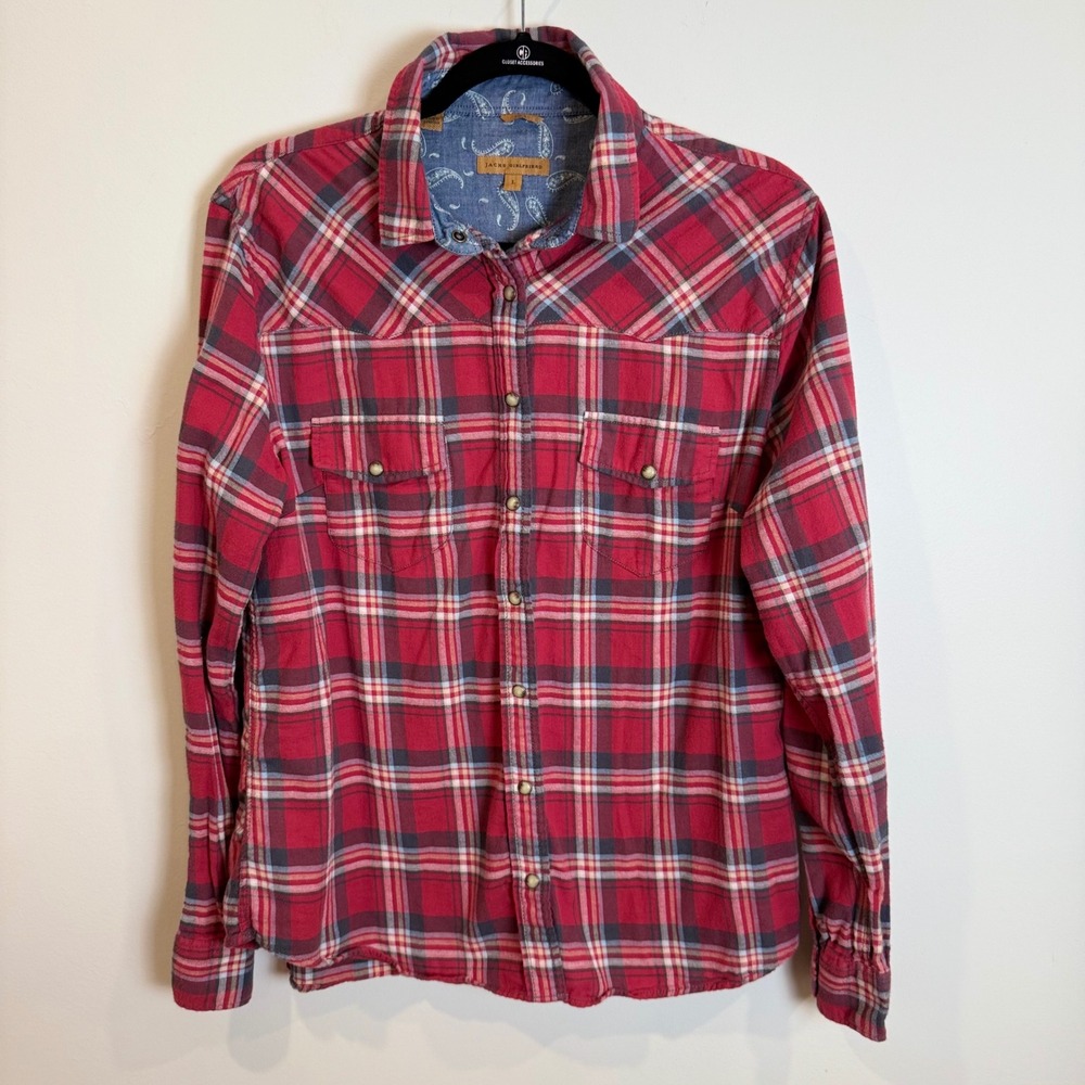 Jachs Girlfriend Plaid Flannel Shirt Western Snap Button L Red Gray